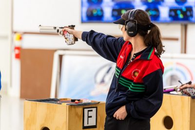 FORT BENNING - MAY 12: 5th placed Joana CASTELAO of Portugal competes in the 10m Air Pistol Women Final at the Shooting Range of the United States Army Marksmanship Unit during Day 4 of the ISSF World Cup Rifle/Pistol on May 12, 2018 in Fort Benning, Georgia, United States of America. (Photo by Nicolo Zangirolami)